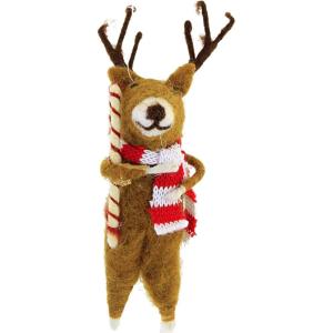 image:imagePrimitives by Kathy Reindeer amp Candy Cane Felt Collectible Critter 55Inch Handmade Wool Reindeer with Scarf amp Candy Cane Rustic Holiday Tiered Tray Tablescape amp Tree Decor