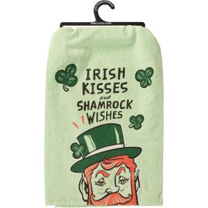image:imagePrimitives by Kathy Decorative Kitchen Towel  Green with St Patricks Day Fun Sentiment Irish Kisses and Shamrock Wishes