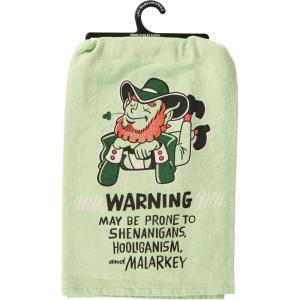 image:imagePrimitives by Kathy Decorative Kitchen Towel  Green with St Patricks Day Fun Sentiment Warning  May Be Prone to Shenanigans Hooliganism and Malarkey