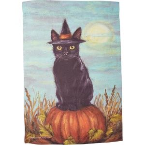 image:imagePrimitives by Kathy Decorative Garden Flag  Black cat Wearing a Witchs hat on Pumpkin