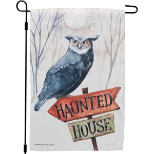 image:imagePrimitives by Kathy Decorative Garden Flag DoubleSided Design Halloween Collection Flag displaying a charming Halloween scene of an owl perched on a haunted house sign in a watercolor style
