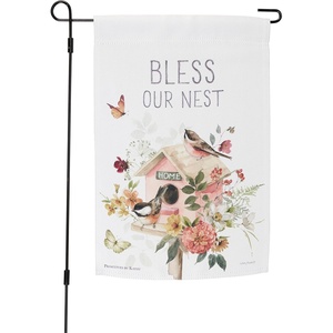 image:imagePrimitives by Kathy Garden Flag Double Sided displaying a comforting scene of chickadees living in a birdhouse surrounded by spring flowers with an inspirational sentiment that reads Bless Our Nest
