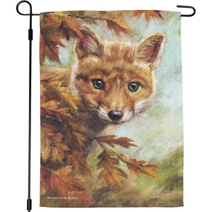 image:imagePrimitives by Kathy Garden Flag double sided polyester Curious Fox design from our Fall amp Harvest Collection displaying a charming fall scene of a fox peeking from behind autumn leaves