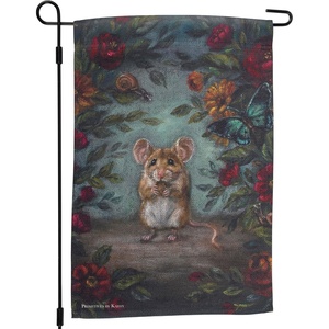 image:imagePrimitives by Kathy Garden Flag double sided polyester Field Mouse design displaying a charming autumn scene of a field mouse surrounded by fall flowers in a moody color palette