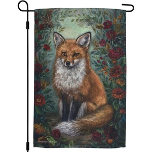 image:imagePrimitives by Kathy Garden Flag double sided polyester fall Fox design displaying a charming autumn scene of a fox surrounded by fall flowers in a moody color palette