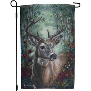 image:imagePrimitives by Kathy Garden Flag double sided polyester fall Stag design displaying a charming autumn scene of a stag surrounded by fall flowers in a moody color palette