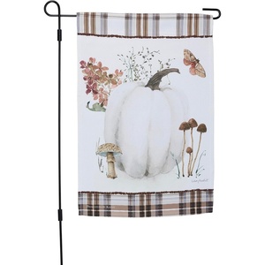 image:imagePrimitives by Kathy Pumpkin Garden Flag doublesided from our Fall amp Harvest Collection displaying a white pumpkin surrounded by fall foliagefall inspired plaid patterns in a delicate watercolor style