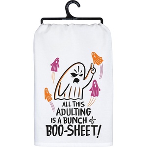 image:imagePrimitives by Kathy Decorative Kitchen Towel from Our Halloween Collection a Colorful Design of a Grumpy Ghost with Flying Ghosts Sassy GhostThemed All This Adulting is A Bunch of BooSheet