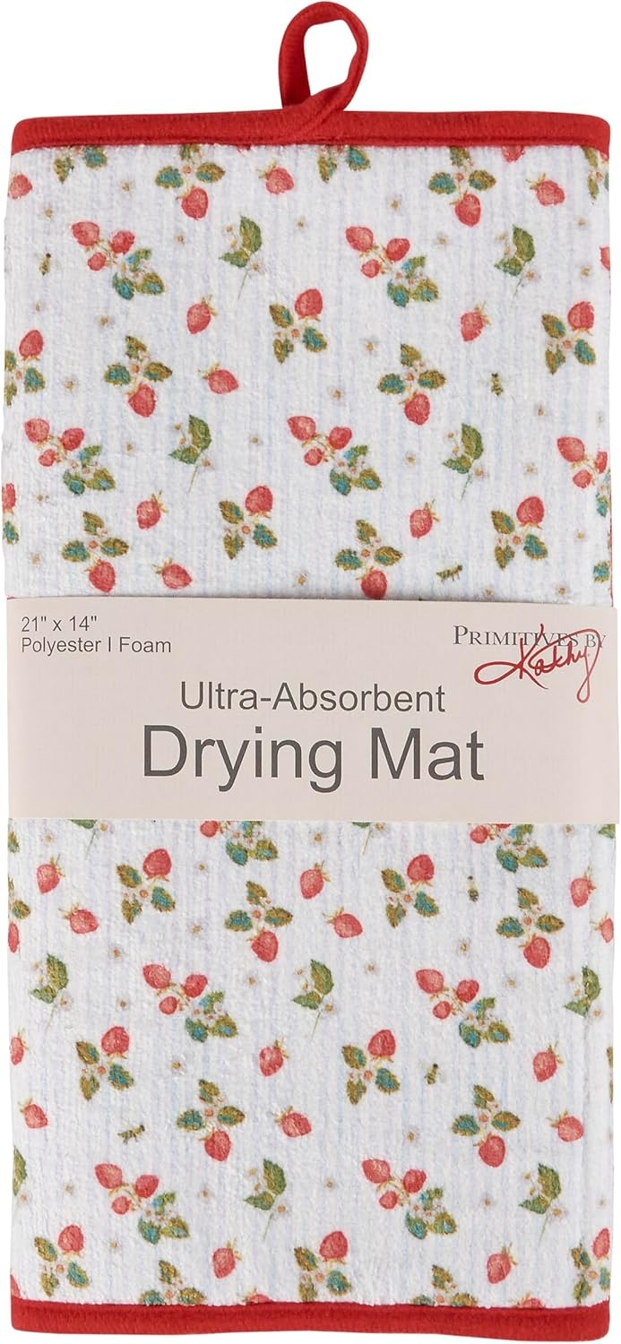 image:imagePrimitives by Kathy Decorative Kitchen Drying Mat Full Color Design ultraabsorbentGarden Collectionvibrant pattern wild strawberrieslight blue stripe backgrounddish mat pad kitchen accessory