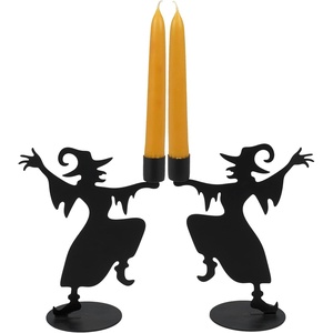 image:imagePrimitives by Kathy Decorative Candle Holder Set from Our Halloween Collection Feature Matching Metal Cutout Designs of Dancing Witches in Matte Black with Holder on Their Hand
