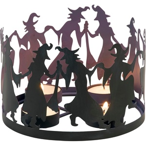 image:imagePrimitives by Kathy Decorative Candle Holder from Our Halloween Collection with Dimensional Design of Witch Shaped Metal Cutouts Surrounding 4 Metal Candle Holders illuminates Dancing Witch Design