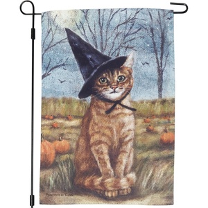 image:imagePrimitives by Kathy Decorative Garden Flag Full Color DoubleSided Design Halloween Collection Flag displaying a charming Halloween scene of a cat wearing a witch hat