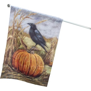 image:imagePrimitives by Kathy Decorative Garden Flag Full Color DoubleSided Design Halloween Collection Flag displaying an autumn scene of a raven perched on a pumpkin in a harvest field