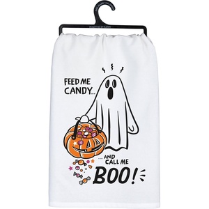 image:imagePrimitives by Kathy Decorative Kitchen Towel from Our Halloween Collection Colorful Design of a Ghost Holding a Candy Treat Bucket Fun GhostThemed Sentiment Feed Me Candy and Call Me Boo