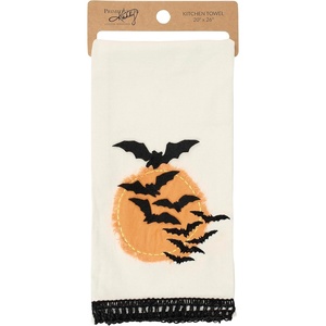 image:imagePrimitives by Kathy Decorative Kitchen Towel from Our Halloween Collection displaying a Design of Bats Flying in Front of an Orange Moon Made with a Stitched Fabric piece for Added Dimension