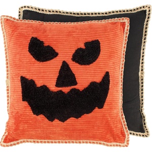 image:imagePrimitives by Kathy Decorative Throw Pillow with Removable Cover Orange Corduroy Pillow from Our Halloween Collection displaying a Scary Jack OLantern face Design with a Raised Black Cotton Texture