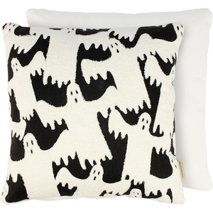 image:imagePrimitives by Kathy Decorative Throw Pillow with Removable Cover a Black Cotton Pillow from Our Halloween Collection displaying Fun Ghost Designs Featuring a Raised Cream Cotton Texture