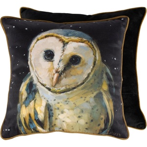 image:imagePrimitives by Kathy Decorative Throw Pillow with Removable Cover displaying a Moody barn owl and Night Sky Design with Coordinating Black Velvet on The Back and Gold Piping Trim