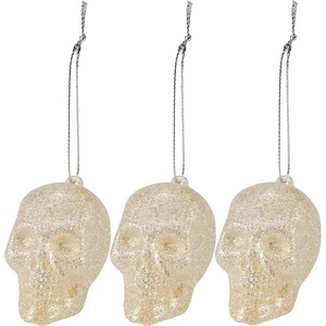 image:imagePrimitives by Kathy Medium Skull Ornament Set  3 Cream and Silver GlitterFinished Sculpted Skulls Halloween Decor