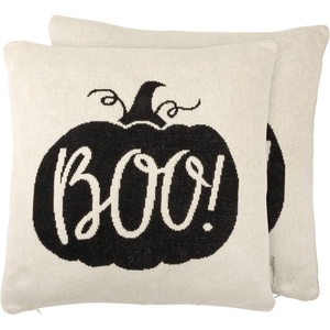 image:imagePrimitives by Kathy Pillow  Boo Cotton Pillow from Our Halloween Collection displaying a Pumpkin with Boo Sentiment DoubleSided Design with Machine Knitted Technique for Cozy Feel