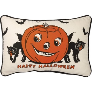 image:imagePrimitives by Kathy RetroInspired Halloween Throw Pillow 15 x 10Inch VintageInspired Cotton Pillow from Our Halloween CollectionHappy Halloween Front SentimentJackOLanternBlack cat Design