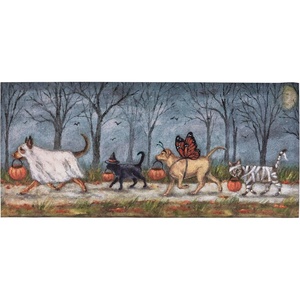 image:imagePrimitives by Kathy Spooky Pet Parade Rug displaying a Fun Design of Pets in Various Halloween Costumes Walking Together Holding Treat Buckets