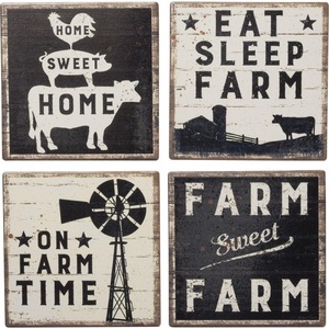 image:imagePrimitives by Kathy Set of 4 Absorbent Stone Coasters Rustic Farmhouse Coaster Designs Farm Sweet Farm Includes Wire Holder Slatted Wood Style with Distressed Details 4 by 4 Inches Each