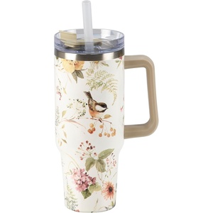 image:imagePrimitives by Kathy Travel Mug  elegant watercolor design of Chicadees surrounded by Spring Flowers