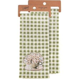 image:imagePrimitives by Kathy Decorative Kitchen Towel  Teacup with Flowers Over Green Gingham Pattern Background