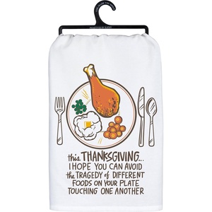 image:imagePrimitives by Kathy Kitchen Towel  Foods Touching from Our Fall amp Harvest Collection displaying a Colorful Hand Illustrated Design with a Fun Thanksgiving Sentiment