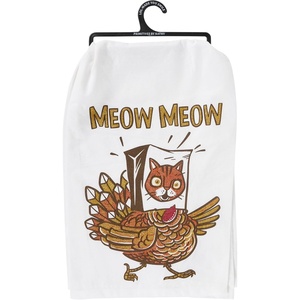 image:imagePrimitives by Kathy Kitchen Towel  Meow Meow from Our Fall amp Harvest Collection displaying a Colorful Hand Illustrated Design of a Turkey Disguised in a Bag with a Drawing of a cat face