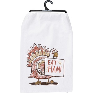 image:imagePrimitives by Kathy Kitchen Towel from Our Fall amp Harvest Collection displaying Hand Illustrated Design of a Scared Turkey with Humorous Sentiment Eat HamFun Thanksgiving ThemeKitchen Decor