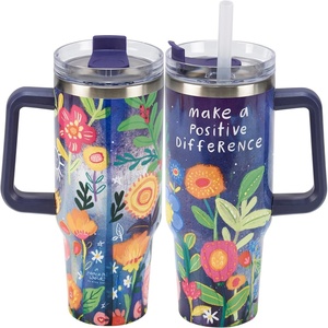 image:imagePrimitives by Kathy Travel Mug  Make A Positive Difference sentiment surrounded by vibrant hand illustrated flowers in a watercolor palette