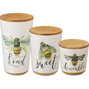 image:imagePrimitives by Kathy Bee Kind Kitchen Canisters Set of 3 EcoFriendly Bamboo Fiber Canisters Wood Lids with Airtight Seal Hand Painted Floral Bee Designs Includes 725 575 425 Sizes