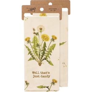 image:imagePrimitives by Kathy Decorative Kitchen Towel All Over Vintage Style Dandelion Design Punny Embroidered Well Thats Just Dandy Cotton Linen Blend Display with Other Towels in Our Garden Collection