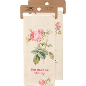 image:imagePrimitives by Kathy Decorative Kitchen Towel All Over Vintage Style Rose Design Punny Embroidered You Make Me Thorny Cotton Linen Blend Display with Other Towels in Our Garden Collection