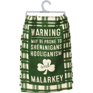 image:imagePrimitives by Kathy Funny St Patricks Day Kitchen Towel Warning Prone to Shenanigans and Malarkey Shamrock Green Plaid Machine Washable 28 by 28 Inches Rustic Seasonal Kitchen Dcor