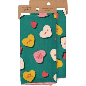 image:imagePrimitives by Kathy Hand Towel  Not Today Cupid Meh Nope Love Stinks sentiments on Colorful Valentine Conversation Candy Hearts
