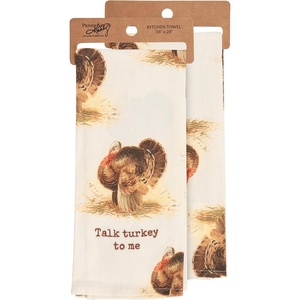 image:imagePrimitives by Kathy Kitchen Towel from Our Fall amp Harvest Collection displaying AllOver Vintage Designs of Turkeys with a Coordinating Fall Inspired Pun That Reads Talk Turkey to Me
