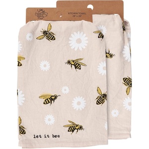 image:imagePrimitives by Kathy Let It Bee Kitchen Towel AllOver Print Hand Illustrated Bees amp Flowers Machine Washable 28 by 28 Inches Unfolded Bee Kitchen Dcor Tan Cotton Linen Blend