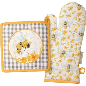 image:imagePrimitives by Kathy Watercolor Bee amp Floral Design Oven Mitt amp Pot Holder Kitchen Set