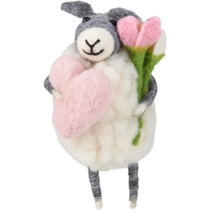 image:imagePrimitives by Kathy Collectible Critter Felt Lamb Holding a Pink Heart and Flower Bouquet Cute Valentines Gift Coordinates with Valentines Day Dcor