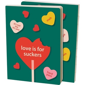 image:imagePrimitives by Kathy Journal Love Is For Suckers double sided design heart shaped lollipops candy heart 160 lined pages open spine binding lays flat writing journaling