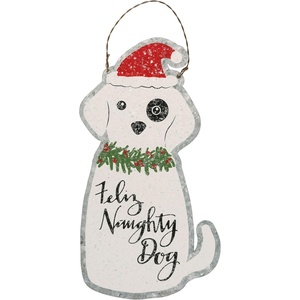 image:imagePrimitives by Kathy Metal Feliz Naughty Dog Christmas Ornament Holiday Dcor Hanging Tree Decorations Festive Dog Themed GiftPet LoverSanta HatSnowy EffectWreath Collar