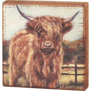image:imagePrimitives by Kathy Fall Farm Highland Cow Sign for Home Dcor Natural Wood Block Sign Rustic Style with Distressed Details Hand Painted Art 6 by 6 Inches Designed for Wall or Tabletop Display