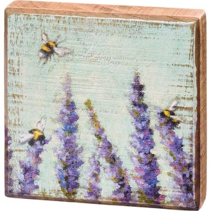 image:imagePrimitives by Kathy Lavender and Bees Sign for Home Dcor Natural Wood Block Sign Rustic Style with Distressed Details Hand Painted Art 4 by 4 Inches Designed for Wall or Tabletop Display