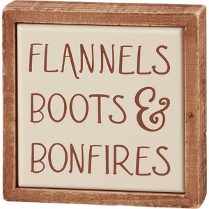 image:imagePrimitives by Kathy Mini Wood Block Sign4inch square Flannels Boots amp Bonfires off white faux tile finish natural wood frame Fall Home amp Cabin Decor for Tiered Tray Shelf or Tabletop display