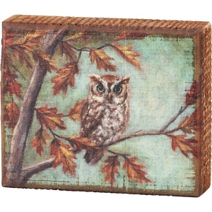 image:imagePrimitives by KathyFall Forest Owl Sign for Home Dcor Natural Wood Block Sign Rustic Style with Distressed Details Hand Painted Art 5 by 4 Inches Designed for Wall or Tabletop Display