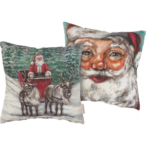 image:imagePrimitives by Kathy Decorative Christmas Throw Pillow Santas Sleigh Double Sided Design Santa FaceReindeer SleighVintage Style Nostalgic ArtSeasonal Accent for Couch Sofa Office giftable