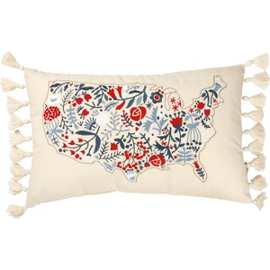 image:imagePrimitives by Kathy Decorative Floral USA Map Pillow 19 x 12inch Features Floral Embroidery in Patriotic Red White Blue with Tassel Trim  Everyday Americana Home amp Office Decor